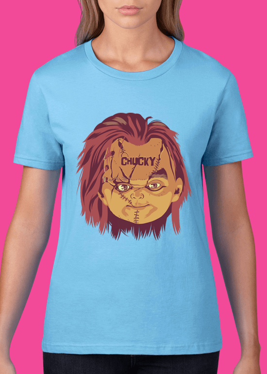 Mike Wrobel Shop Chucky T Shirt Woman Light Blue Small Medium Large X-Large 2X-Large